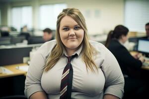 ein Frau tragen ein Krawatte und Hemd im ein Büro generativ ai foto