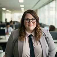 ein Frau tragen Brille und ein passen im ein Büro generativ ai foto