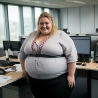 ein Frau mit ein groß Bauch Stehen im Vorderseite von ein Schreibtisch generativ ai foto