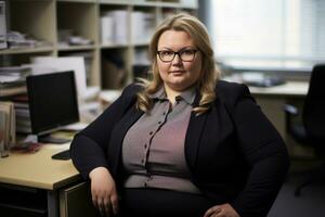 ein Frau mit Brille Sitzung beim ein Schreibtisch im ein Büro generativ ai foto