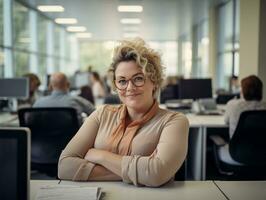 ein Frau mit Brille Sitzung beim ein Schreibtisch im ein Büro generativ ai foto