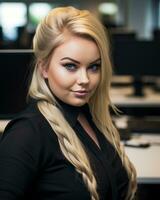 ein Frau mit lange blond Haar im ein Büro generativ ai foto