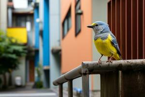 ein Gelb und grau Vogel Sitzung auf ein Geländer generativ ai foto