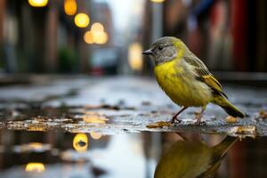 ein Gelb und grau Vogel Stehen auf ein nass Straße generativ ai foto