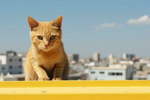 ein Orange Katze Sitzung auf ein Gelb Leiste generativ ai foto