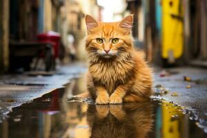 ein Orange Katze Sitzung auf das Boden im ein Pfütze generativ ai foto