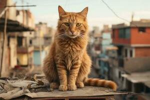 ein Orange Katze Sitzung auf oben von ein Gebäude generativ ai foto