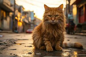 ein Orange Tabby Katze Sitzung auf das Straße beim Sonnenuntergang generativ ai foto