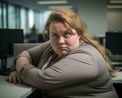 ein Übergewicht Frau Sitzung beim ein Schreibtisch im ein Büro generativ ai foto