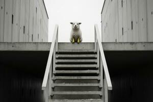 schwarz und Weiß Foto von ein Schaf Sitzung auf ein einstellen von Treppe generativ ai