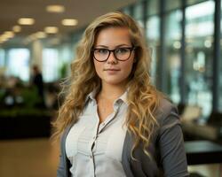 Porträt von ein Geschäft Frau mit Brille Stehen im ein Büro generativ ai foto