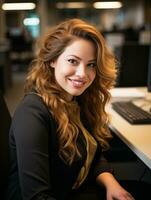Porträt von lächelnd Geschäftsfrau Sitzung beim Schreibtisch im Büro generativ ai foto