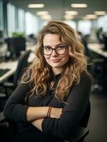 Porträt von jung Geschäftsfrau mit Brille Stehen im ein Büro mit ihr Waffen gekreuzt generativ ai foto