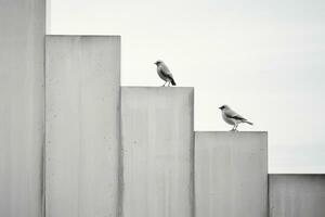 zwei Vögel thront auf das Kante von ein Beton Mauer generativ ai foto