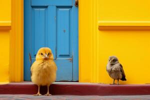 zwei klein Vögel Stehen im Vorderseite von ein Gelb Tür generativ ai foto