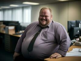 ein Fett Mann im ein Hemd und Krawatte Sitzung beim ein Schreibtisch generativ ai foto