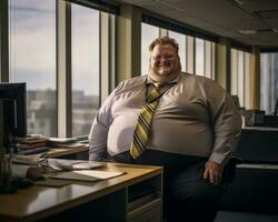 ein Fett Mann im ein passen und Krawatte Sitzung beim ein Schreibtisch generativ ai foto