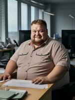 ein Fett Mann Sitzung beim ein Schreibtisch im ein Büro generativ ai foto