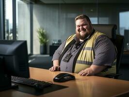 ein Fett Mann Sitzung beim ein Schreibtisch im Vorderseite von ein Computer generativ ai foto