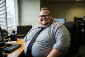 ein Fett Mann Sitzung beim ein Schreibtisch im Vorderseite von ein Computer generativ ai foto