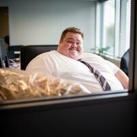 ein Fett Mann Sitzung im ein Büro generativ ai foto