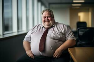 ein Fett Mann tragen ein Krawatte Sitzung im ein Büro generativ ai foto