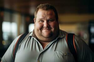ein Fett Mann mit ein Rucksack lächelnd zum das Kamera generativ ai foto