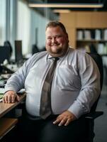 ein Mann im ein Hemd und Krawatte Sitzung beim ein Büro Schreibtisch generativ ai foto