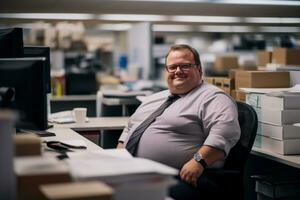 ein Mann Sitzung beim ein Schreibtisch im ein Büro generativ ai foto