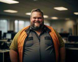 ein Mann mit ein Bart und ein Orange Weste Stehen im ein Büro generativ ai foto