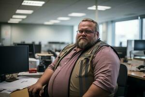 ein Mann mit ein Bart und Brille Sitzung im ein Büro generativ ai foto