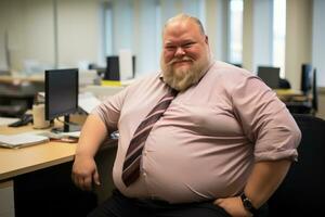 ein Mann mit ein groß Bauch Sitzung beim ein Schreibtisch im ein Büro generativ ai foto