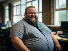 ein Mann mit ein groß Bauch Sitzung im ein Büro generativ ai foto