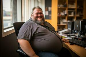 ein Mann mit ein groß Bauch Sitzung im Vorderseite von ein Computer generativ ai foto