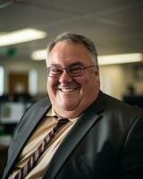ein lächelnd Mann im ein passen und Krawatte Sitzung im ein Büro generativ ai foto