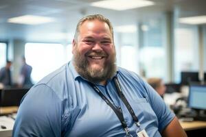 ein lächelnd Mann mit ein Bart im ein Büro generativ ai foto