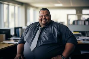 ein Übergewicht Mann im ein Hemd und Krawatte Stehen im ein Büro generativ ai foto