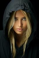 ein schön blond Frau im ein schwarz Kapuzenpullover generativ ai foto
