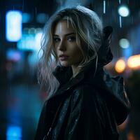 ein schön blond Frau im ein schwarz Jacke Stehen im das Regen beim Nacht generativ ai foto