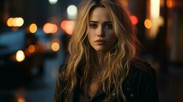 ein schön blond Frau im ein schwarz Leder Jacke Stehen im das Mitte von ein Stadt Straße beim Nacht generativ ai foto
