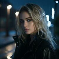 ein schön blond Frau im ein schwarz Leder Jacke Stehen im das Regen generativ ai foto