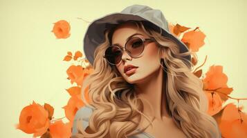 ein schön blond Frau im ein Hut und Sonnenbrille generativ ai foto