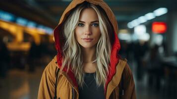 ein schön blond Frau im ein Kapuzenpullover beim ein Flughafen generativ ai foto