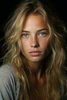 ein schön blond Frau mit Blau Augen generativ ai foto