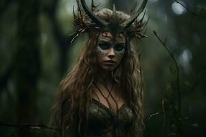 ein schön Frau im ein Wald mit Hörner auf ihr Kopf generativ ai foto