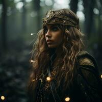 ein schön Frau im ein Wald mit Fee Beleuchtung generativ ai foto