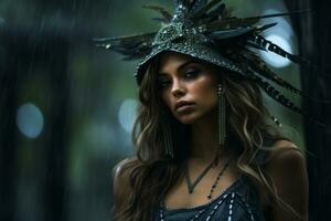 ein schön Frau tragen ein Kopfschmuck im das Regen generativ ai foto