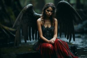 ein schön Frau mit dunkel Flügel Sitzung auf ein Felsen im das Wald generativ ai foto