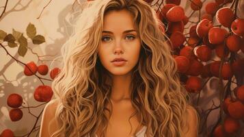 ein schön Frau mit lange blond Haar ist umgeben durch rot Beeren generativ ai foto