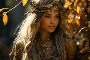 ein schön Frau mit lange blond Haar tragen ein Krone im das Wald generativ ai foto